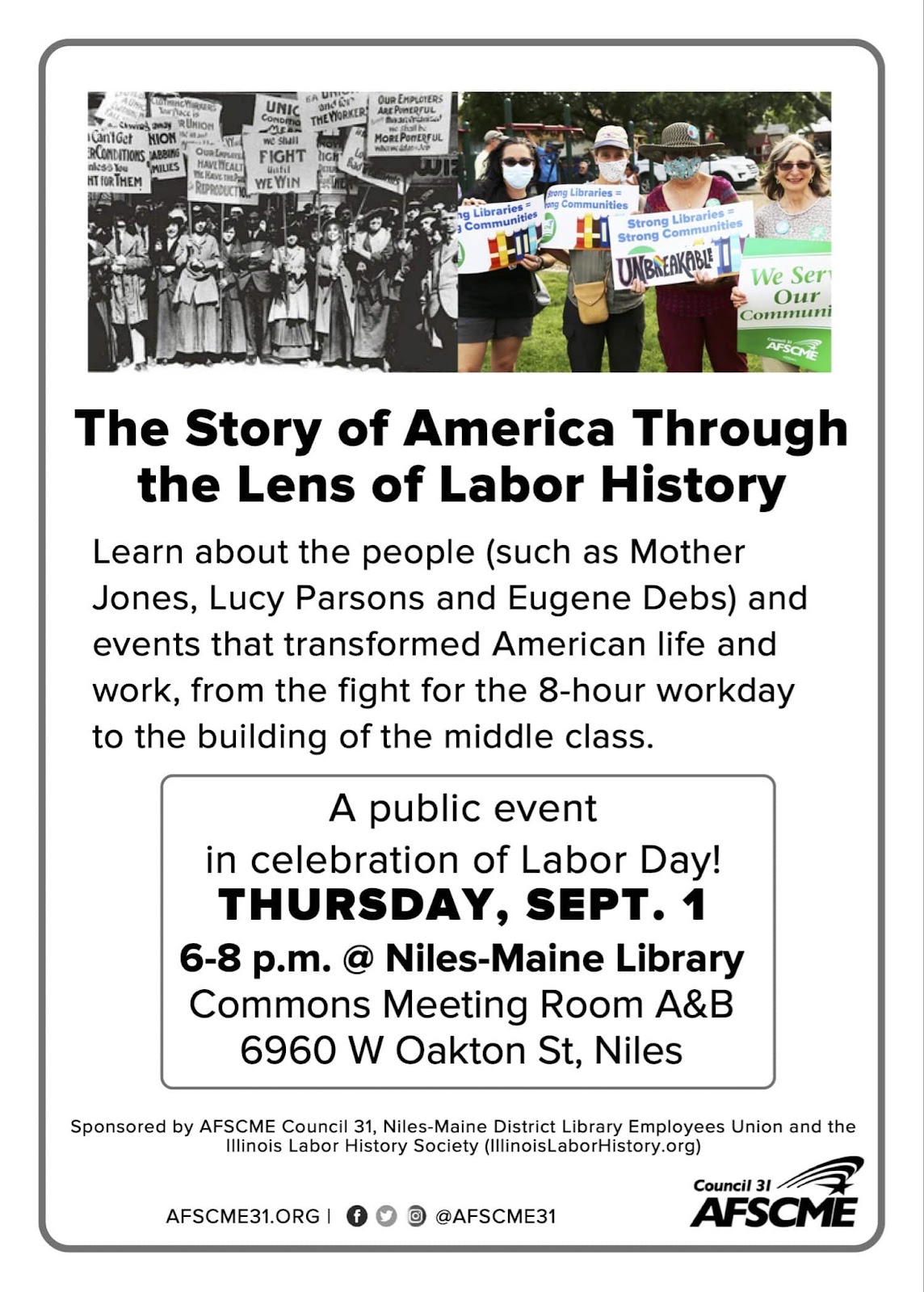 A flier for the labor history event at Niles-Maine District Library
