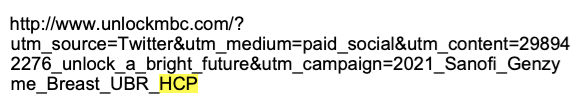 Example Sanofi Genzyme ad clickthrough URL, with UTM query string parameters showing the intended audience is Healthcare Professionals