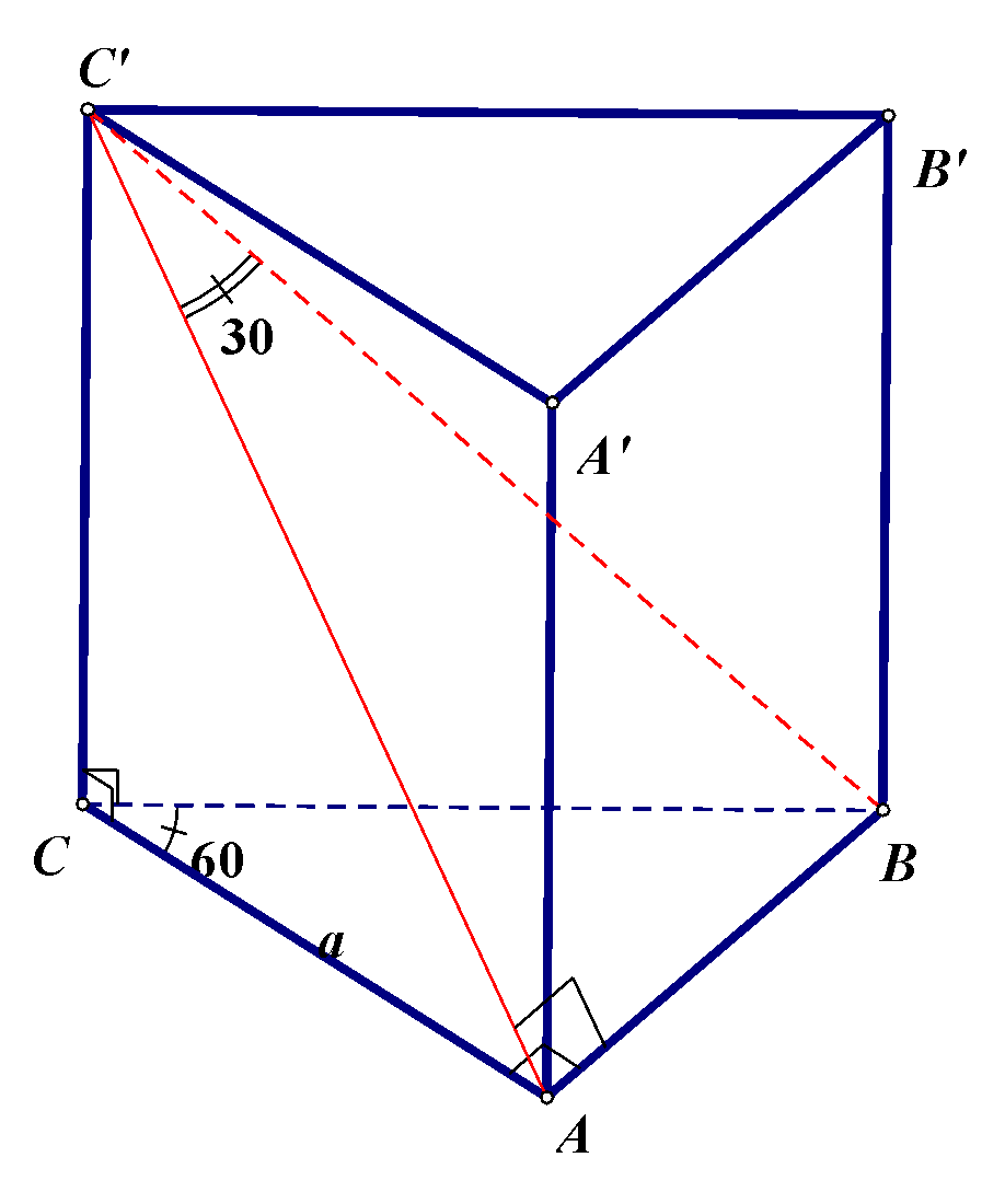 Cho khối lăng trụ đứng (ABC.A'B'C') có đáy là tam giác (ABC) vuông tại (A), (AC = a), (widehat {ACB} = 60^circ ). Đường thẳng (BC') tạo với mặt phẳng (left( {A'C'CA} right)) góc (30^circ ). Tính thể tích khối lăng trụ đã cho.</p> 1