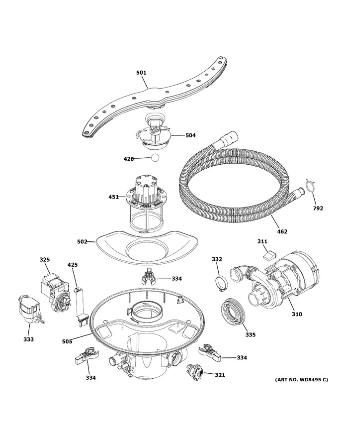 GE dishwasher diagram as a reference to help in fixing a GE dishwasher is not draining