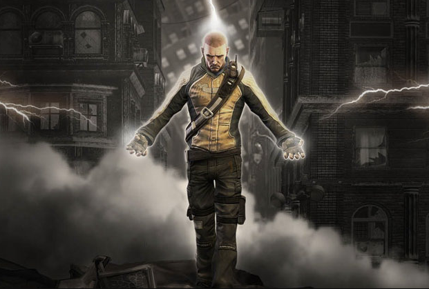 Cole MacGrath showing off his powers in Infamous poster