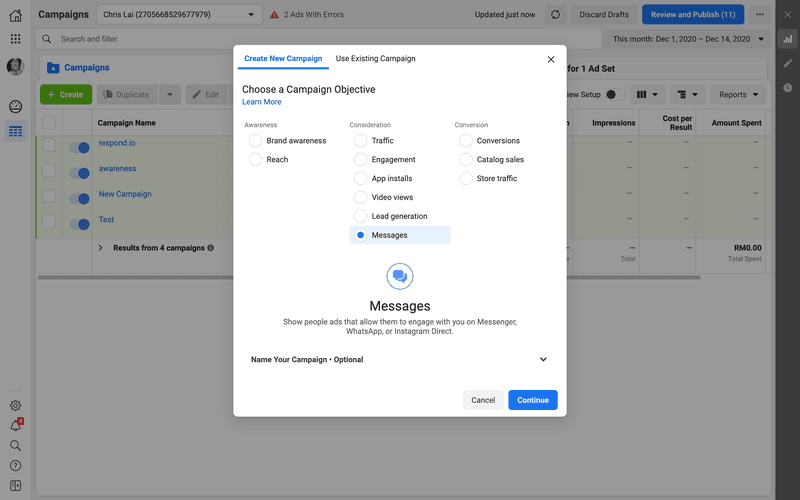 This is a screenshot of step 1 of setting up Click to WhatsApp Ad. In Ads Manager, create a campaign with the Messages objective.  When choosing this objective, your call to action will become Send to WhatsApp.