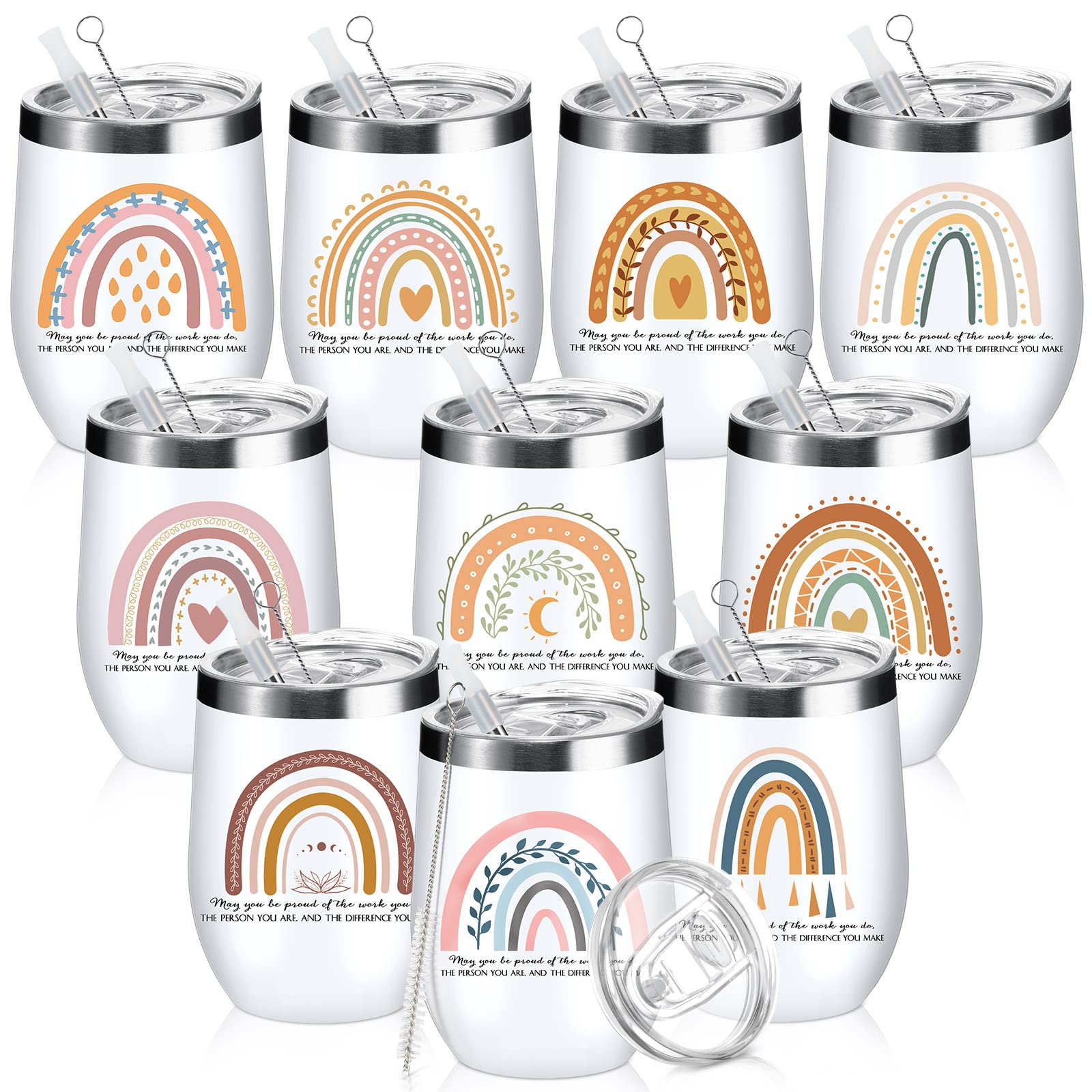 10 Pcs Thank You Gifts Inspirational May You Be Proud Tumbler Cup 12 oz Stainless Steel Insulated Rainbow Mug with Lids for Women Coworker Employee Teacher Nurse Volunteer Appreciation Christmas Gifts