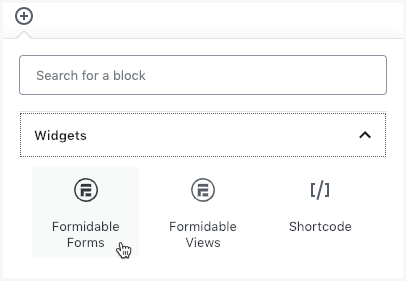 Formidable Forms block widget to add a contact form to a post
