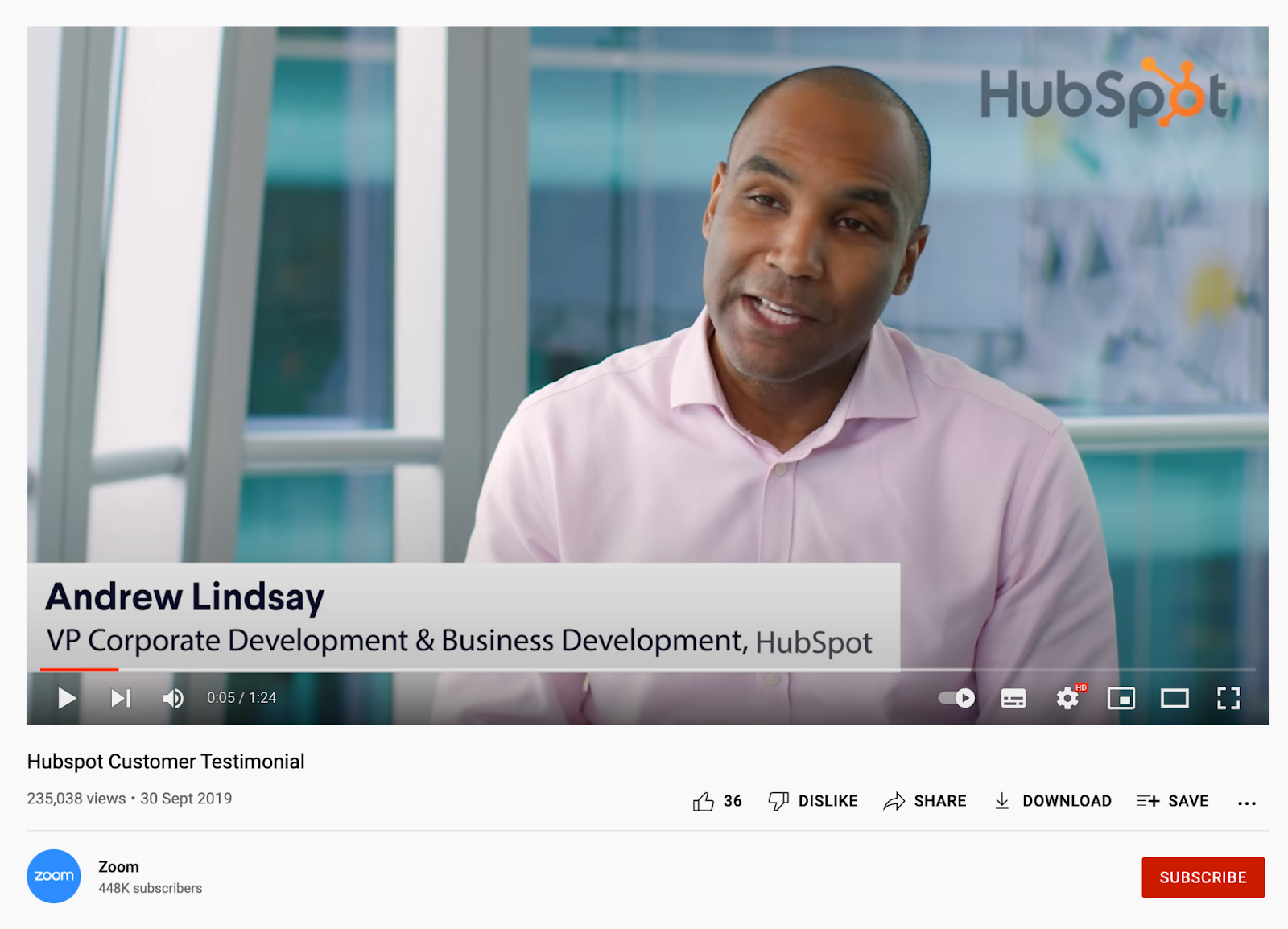 screenshot of youtube video for HubSpot customer testimonial