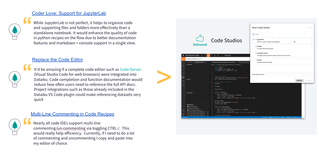 3 distinct Product Ideas related to the theme of productivity tooling and free choice of code editors: support for JupyterLab, replacing the code editor, and multi-line commenting in code recipes