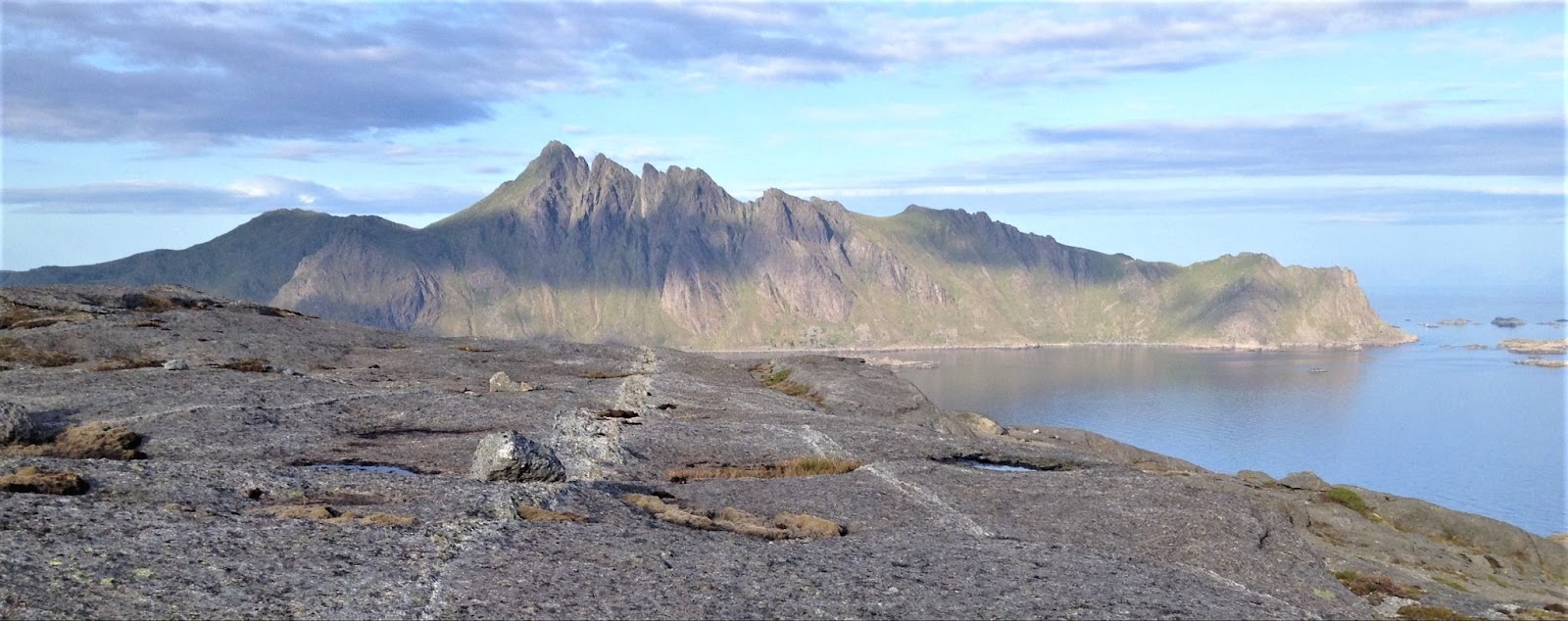 The field locality in Nusfjord, Lofoten, northern Norway. The white traces are seismogenic faults containing pseudotachylytes that formed in the lower crust.
