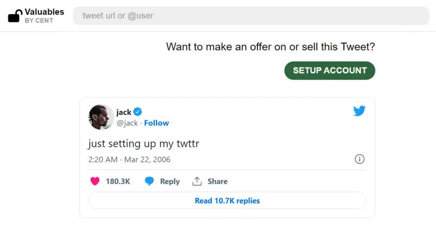 Ein Screenshot von NFT: Valuables in dem man den ersten Tweet von Jack Dosey sieht, der als NFT verkauft wurde. Ein Bild von NFT: Valuables.