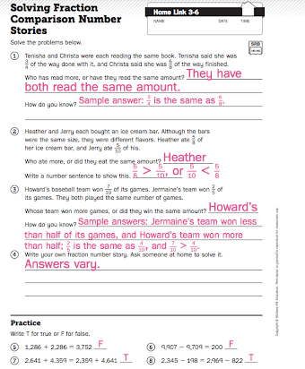 Home Link 3 12 Solving Fraction Number Stories - Story Guest