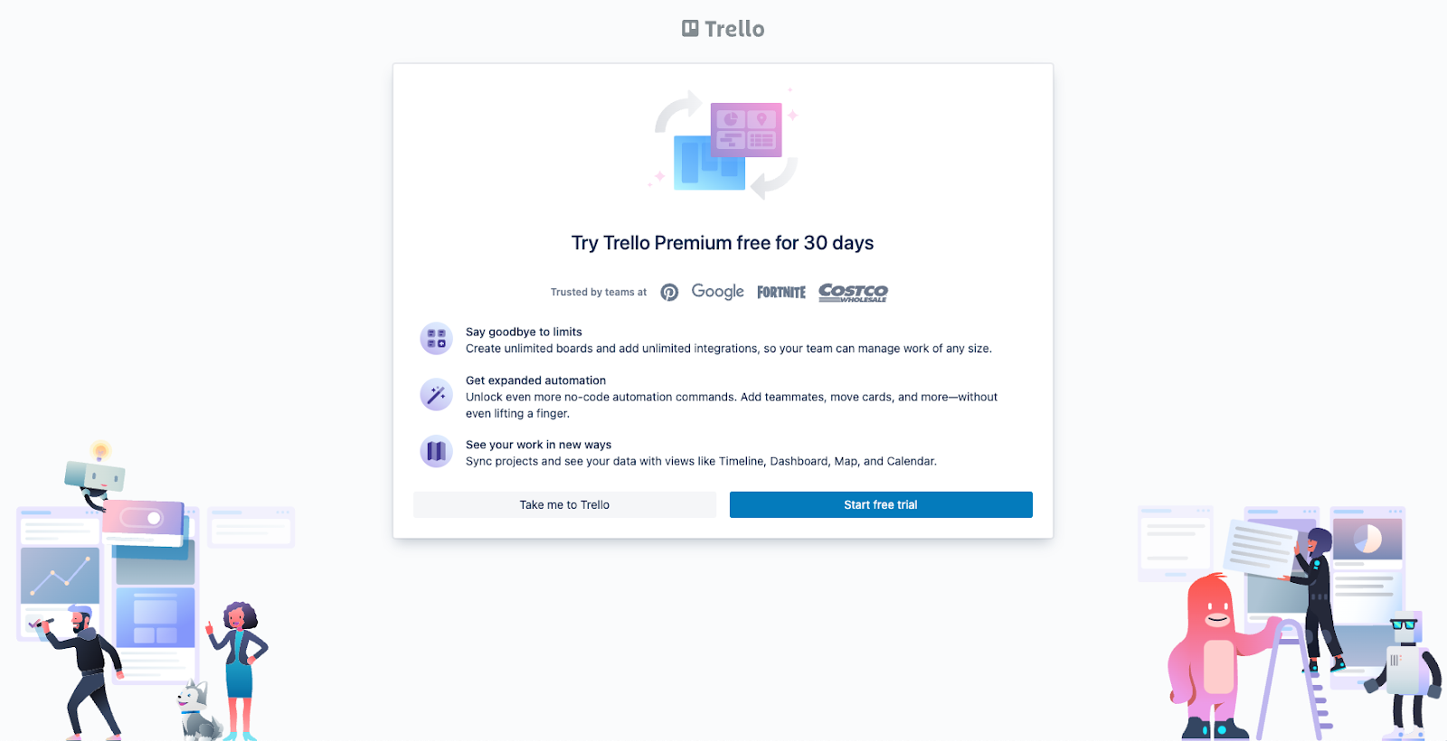 Trello's Free trial sign up page best product led growth examples