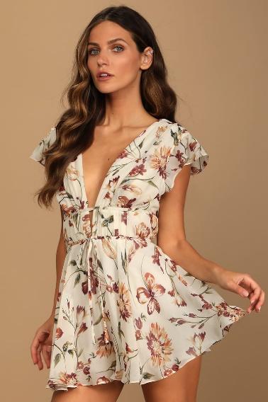 Cream Floral Romper - Floral Print Romper - Flutter Sleeve Romper - Lulus