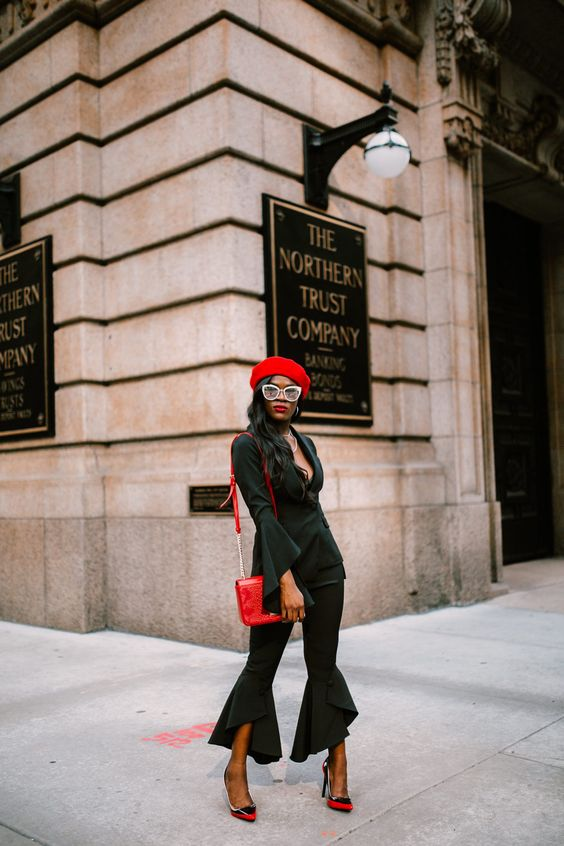 lady wearing red and black chic fashion style